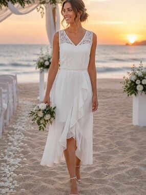 Women’s Floral Lace Dress Elegant V Neck Ruffle zip back White XL  Beach wedding